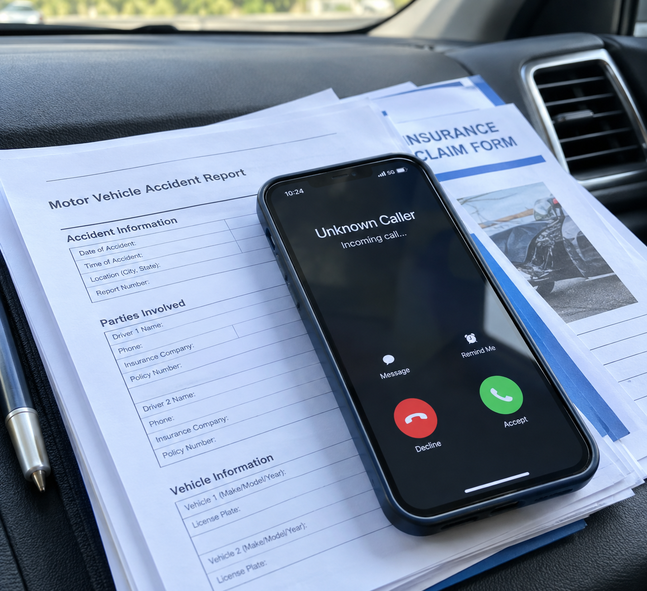 Insurance paperwork on dash of car