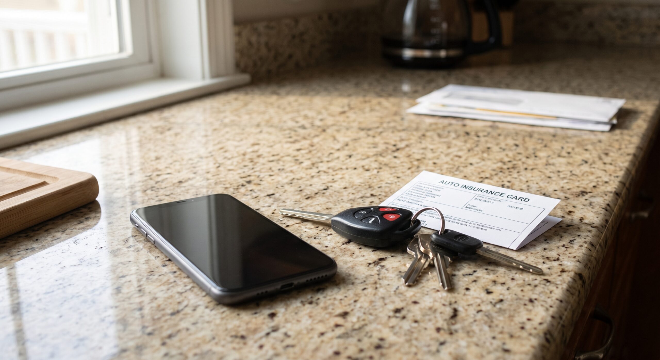 A cell phone, car keys, and an insurance card sitting on a kitchen counter.