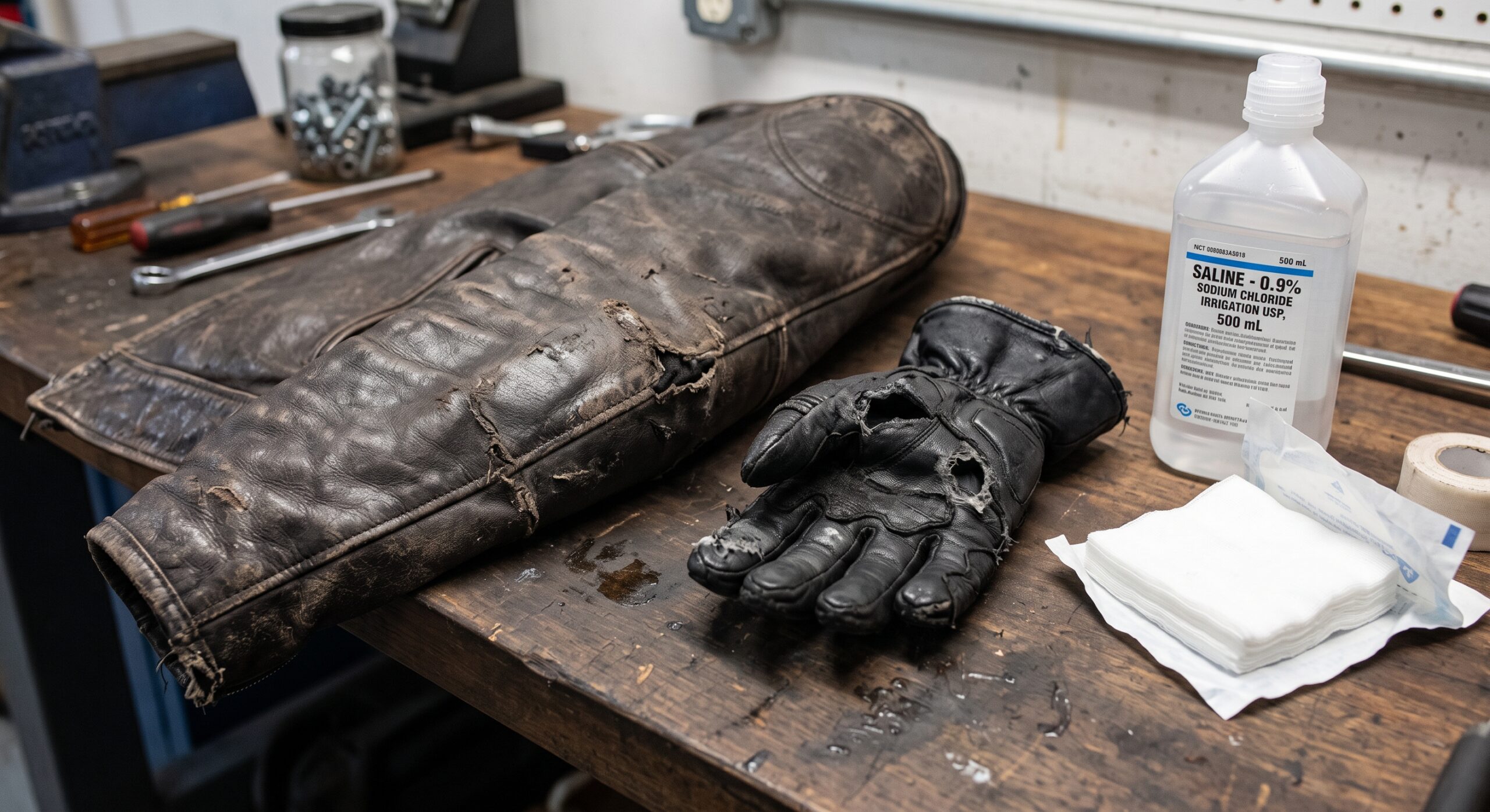 A scraped leather motorcycle jacket sleeve and torn glove on a workbench beside gauze and a bottle of saline.