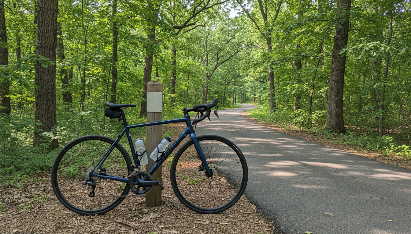 A bicycle leaning against a wooden trail marker on a tree-lined suburban bike path on a sunny day.
