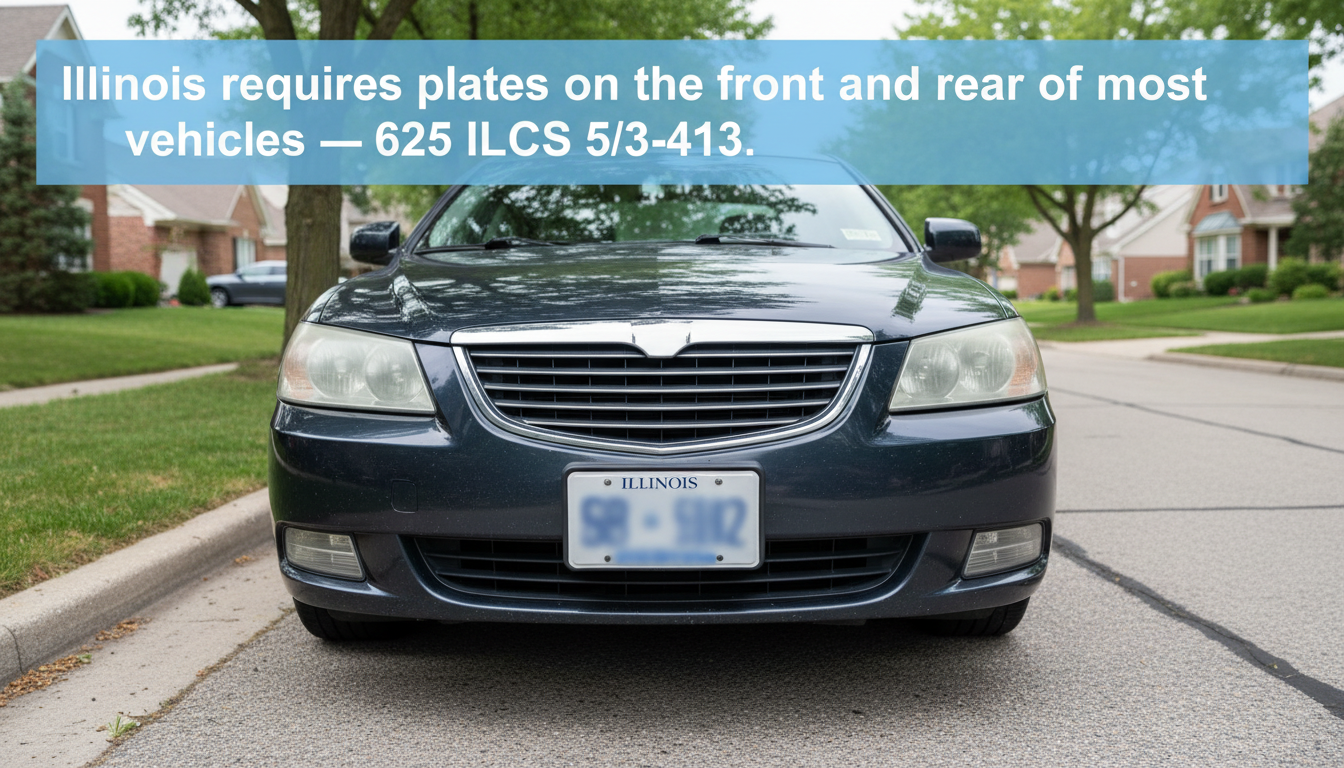 Close-up of an Illinois license plate mounted on the front bumper of a parked car on a suburban street.