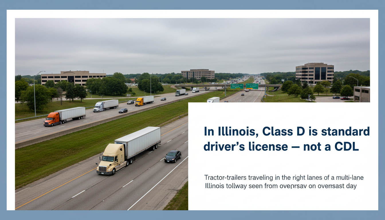 Tractor-trailers traveling in the right lanes of a multi-lane Illinois tollway seen from an overpass on an overcast day