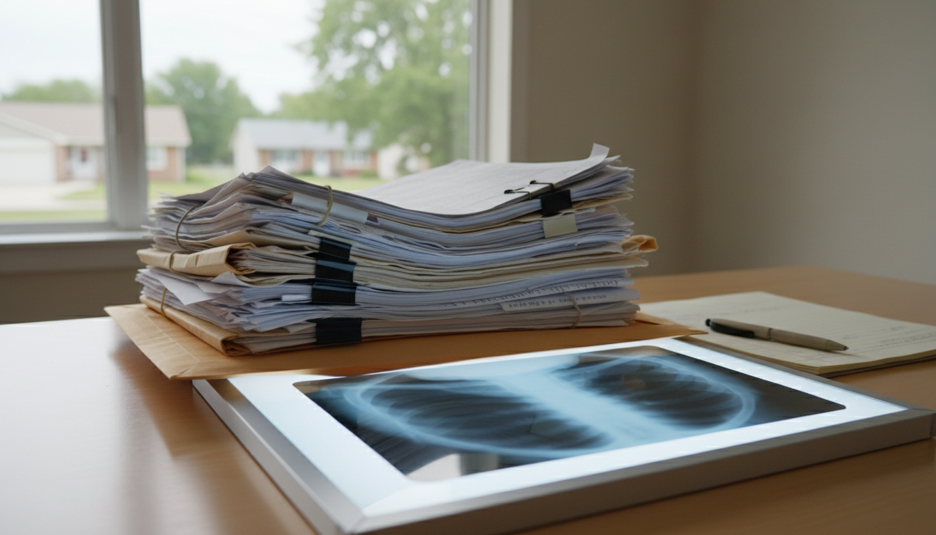 tack of medical records and imaging film on a desk with a manila folder" — close-up of paper charts and a radiology film on a light box, no faces or identifiable people.