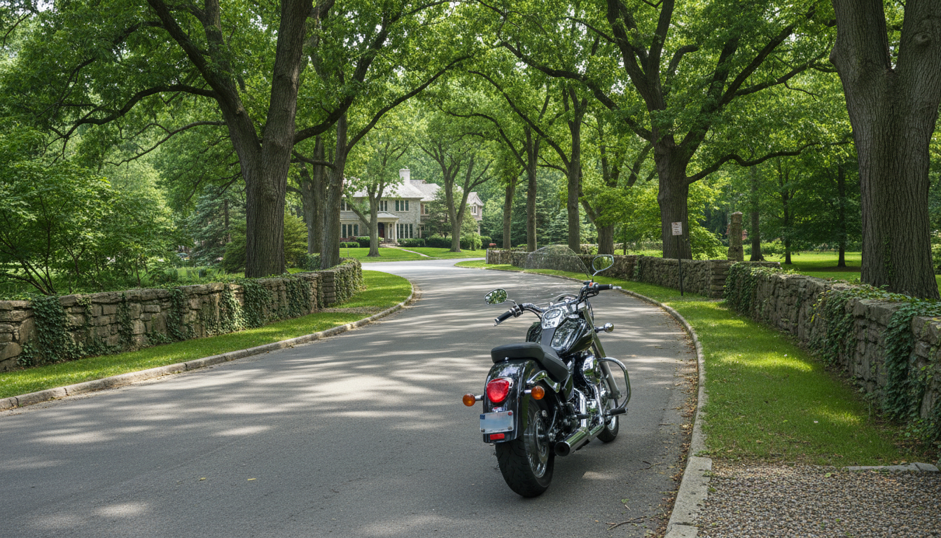 motorcycle on tree-lined suburban road curve, summer, no rider face visible" — a rear three-quarter shot of a motorcycle on a shaded two-lane road with stone walls, evoking Sheridan Road through the North Shore.